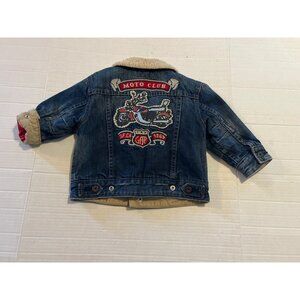 Gap Toddler Moto Club Denim Jacket Sherpa Collar Red Quilted Lining 18-24 Months